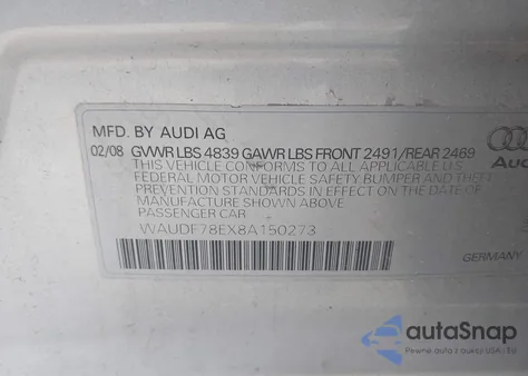 2008 Audi A4 2.0T/2.0T Special Edition из США, поврежденный, VIN WAUDF78EX8A150273